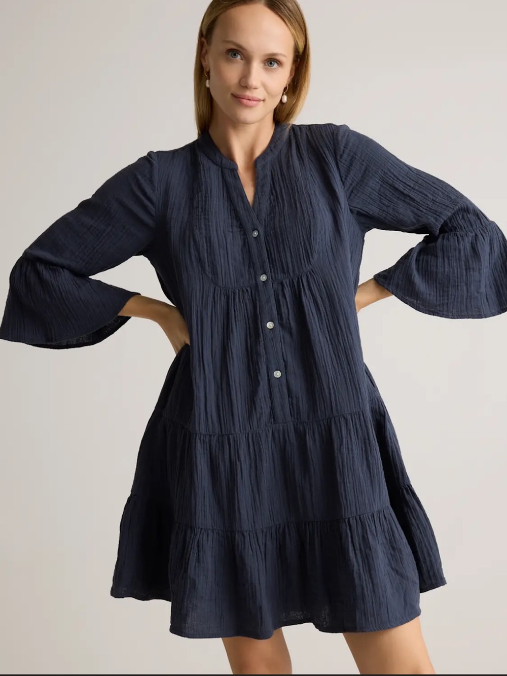 NWT Quince 100% Organic Cotton Gauze Tiered Mini Dress Indigo Blue XS - Picture 5 of 7